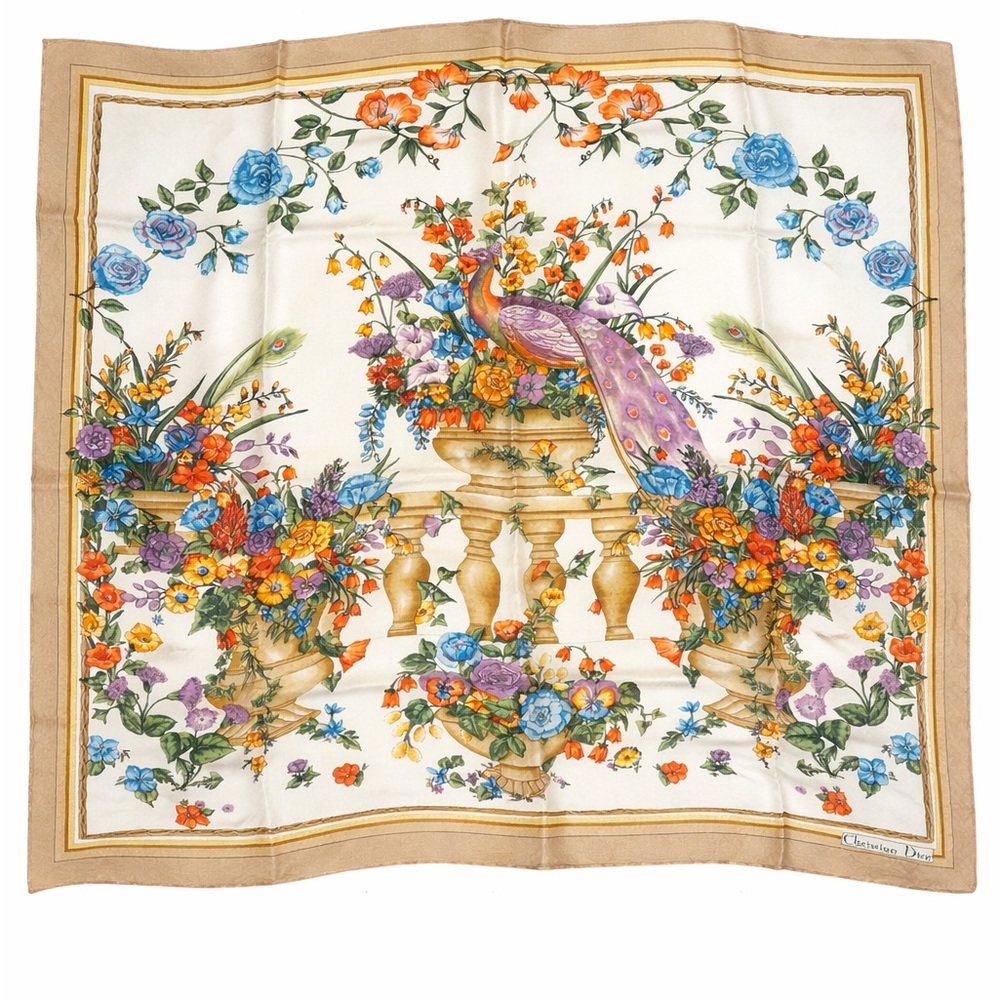 Christian Dior Floral Peacock Silk Scarf in Cream, Gold, Blue & Orange